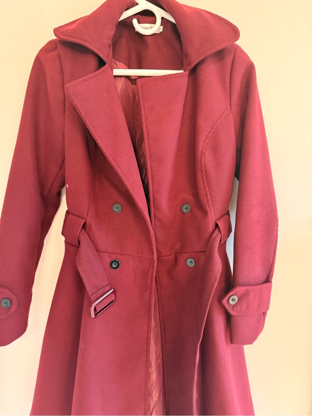 Womens Red Wool-Blend Double-Breasted Trench Coat